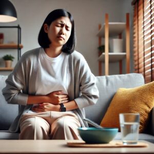 속쓰림 증상을 느끼는 여성의 이미지 – 가슴 부위에 불편함을 느끼며 고통스러운 표정을 짓고 있는 모습